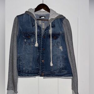 Vtg Venus XL‎ Hooded Denim Jacket Gray Sleeve Jean Jacket Casual Street Style